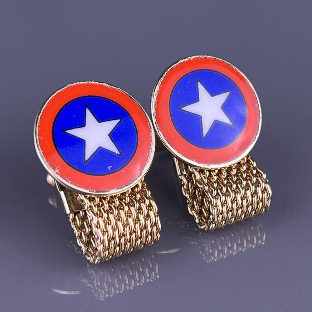 Star Red White Blue Wrap Around Cufflinks Gold Tone Patriotic USA Chain Vintage